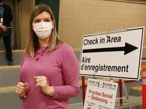 Karly McGibbon, public health nurse with Public Health Sudbury and Districts, gives a tour of Carmichael Arena where a COVID-19 immunization clinic will be held in Sudbury on Thursday.