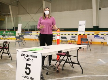 Karly McGibbon, public health nurse with Public Health Sudbury and Districts, gives a tour of Carmichael Arena where a COVID-19 immunization clinic will be held in Sudbury, Ont. on Thursday February 25, 2021. John Lappa/Sudbury Star/Postmedia Network