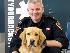Mississauga Fire Department section chief Ryan Coburn and service dog Ajax, a fully trained and accredited facility dog who helps members of the fire department address trauma and mental health challenges through "canine-assisted interventions."  City of Greater Sudbury is seeking approval to acquire a community safety facility dog through National Service Dogs. The canine pal will assist first responders who are struggling with their mental health due to work-related stress. The pooch will be shared between fire services and paramedics.