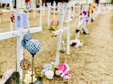 Crosses for Change, at the Paris/Brady intersection, continues to expand. Each white cross is named for an individual lost to a drug overdose. Mary Katherine Keown/The Sudbury Star