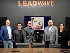 Leadwave, a Sarnia-based IT company, recently received a national top-50 industry award. The company's management includes, from left, Adam Crowe, account manager, Mark Tetreault, director of operations, Mat Berube, CEO and co-founder, Aaron Weir, chief business development officer and co-founder, and Sarah Heath, administrative manager. Handout