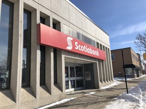 The downtown Scotiabank on Main Street West remains closed, Thursday, after an employee tested positive for COVID-19, a spokesperson confirmed. Michael Lee/The Nugget