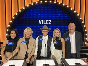 The Vilez family from Tillsonburg, (from left) Paige Gilvesy, Cheryl Fody, John 'Opie' Vilez, Emma Fody, and Scott Gilvesy, will be competing on CBC's Family Feud Canada, Season 2, on March 22. (Submitted)