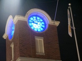 The Rotary Clock Tower in Tillsonburg will be illuminated with blue lights from dusk to dawn to acknowledge the tireless efforts of front-line health care providers, emergency service personnel and other essential workers. (Chris Abbott/Norfolk and Tillsonburg News)