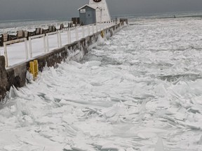 Shards of ice were pushed up against the Port Dover pier over the weekend, which included rain, snow and heavy winds. Submitted/Michael Charlebois