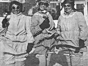 The Farkle Family – Prize winners for the best costumes in the Snow Carnival parade are the these Laugh-in characters. Under the hair ribbons and fancy pants are (from the left) Mrs. Grace Rotondo, Mrs. Kay Wallace and Mrs. John Langdon. (Photo by Albert Boisvert)