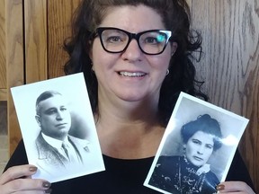 Andrea Howard holds photos of her maternal great-grandparents. Donated to a thrift store, the pictures were returned after Karyn Johnstone decided to try to find the family in the frames she had bought, and posted an online query. (SUBMITTED PHOTO)