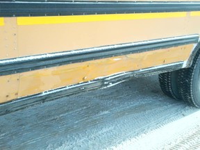 Damage to a school bus is shown after an accident Monday morning in Dundalk. Nobody was injured as a result of the accident and no criminal charges were laid. Photo supplied by the OPP.