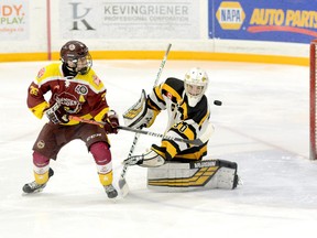 The Timmins Rock have added a pair of Timmins Majors, including forward Pierre Racicot, shown here watching a shot elude New Liskeard Cubs goalie Zach Prusky for a goal during a GNML contest at the McIntyre Arena on Feb. 1, 2020, for the stretch run of the 2020-21 NOJHL regular season. Racicot had a breakout campaign with the Majors in 2019-20, exceeding his goal total for the previous three seasons, while matching his point total for those three campaigns. FILE PHOTO/THE DAILY PRESS