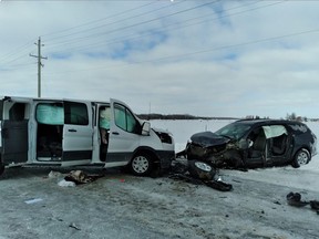 Three people were taken to hospital, one with serious injuries, after a passenger van and SUV collided Tuesday north of Listowel. (Photo courtesy Perth County OPP)