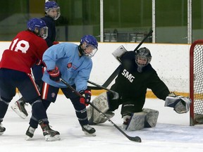 The Rayside-Balfour Canadians practise at Chelmsford Arena in Chelmsford, Ontario on Tuesday, March 2, 2021.