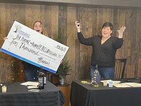 The Community Foundation of Portage and District hosted their 150 Women Who Care Event virtually. Community volunteer, Callie McArthur (left), and Executive Director, Mandy Dubois (right) with a $10,000 cheque for the Portage Bear Clan. (supplied photo)