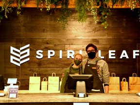 Jillian Scheliga and fiancé Allen Tripp recently opened up a Spiritleaf franchise in Stratford's east end -- the city's third recreational pot shop to open its doors since the province expanded its licensing process to all would-be retailers in December 2019. (Galen Simmons/The Beacon Herald)