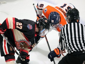 Photo courtesy NOJHL
Soo Thunderbirds centre Cooper Smyl (right), who scored twice on Sunday, battles for the puck with Blind River's Thomas Michaud in NOJHL weekend action.