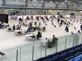 The Haldimand-Norfolk Health Unit reported that up to 1,000 people ages 80 and over were vaccinated against COVID-19 at a mass immunization clinic at the Cayuga Arena on Saturday. (Twitter photo)