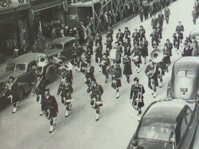 The Wallaceburg Kiltie Band in downtown Wallaceburg, April 1950. The photo appears in a local history book compiled by Al Mann. Handout