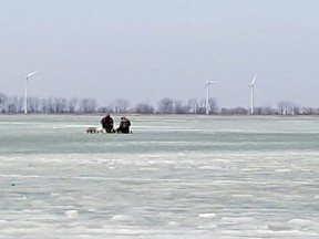 Two anglers are shown on the ice at Mitchell's Bay on Lake St. Clair on Tuesday, March 9, 2021. Conservation authority officials continue to monitor lake levels on St. Clair and Erie, with the temperatures warming up. (Trevor Terfloth/Chatham Daily News)