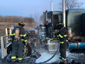 Woodstock firefighters responded to a tractor trailer fire on Highway 401 near Woodstock Tuesday evening. (Woodstock Fire Department)