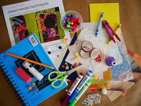 The Community Creation Kit: Mixed-Media includes activities and instructions, a sketchbook, artist quality papers, drawing and painting supplies, scissors, paper punch, washi tape, Mod Podge, glue and an assortment of beads, sequins and stickers. (Woodstock Art Gallery)