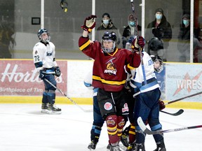 Timmins Rock forward Tyler Gilberds celebrates the second of his two goals against the Crunch during Friday night’s NOJHL game at the Tim Horton Event Centre in Cochrane. The second-period marker, Gilberds’ third goal of the season, proved to be the game-winner, as the Rock went on to defeat the Crunch 6-2. The two teams will play the second game fo their 10-game set at the Tim Horton Event Centre Saturday, at 6 p.m. THOMAS PERRY/THE DAILY PRESS