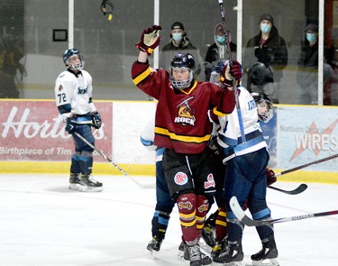 Timmins Rock forward Tyler Gilberds celebrates the second of his two goals against the Crunch during Friday night’s NOJHL game at the Tim Horton Event Centre in Cochrane. The second-period marker, Gilberds’ third goal of the season, proved to be the game-winner, as the Rock went on to defeat the Crunch 6-2. The two teams will play the second game fo their 10-game set at the Tim Horton Event Centre Saturday, at 6 p.m. THOMAS PERRY/THE DAILY PRESS