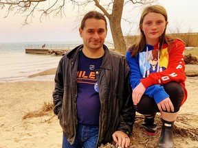 William Murray is among those organizing opposition to the potential sale of the public beach in Normandale. With Murray is his daughter Isabelle Dicks. – Monte Sonnenberg