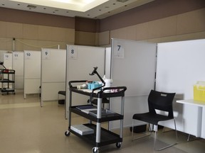 Vaccination stations at Woodstock's Goff Hall are nearly ready to welcome patrons for the first doses of COVID-19 vaccine on Monday. (Kathleen Saylors/Woodstock Sentinel-Review)