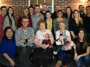 A family photo with the three great-great-grandchildren Photoshopped in. Back Row: Randy Pellerin (4th generation), Éric Pellerin (4th), Daniel Pellerin (3rd), Jessica Pellerin (4th), Mathieu St-Georges (4th). Second Row: Cameron Pitre, Megan Pellerin (4th) was the baby of the family, Isabelle Lacourcière (Avas mom), Willie Pellerin (3rd), Danielle Yasko-Pellerin (Noah-Andrés Mom), Sylvie Pellerin, Josée Pellerin-Wissell (4th), Raymond St-Georges. First Row: Julie Pellerin (3rd), Yvon Courchesne, Gilberte Tremblay (1st), Jeanie Courchesne (2nd), Mélanie St-Georges (4th). Missing from Photo: Nicolas Spagnolo (Dominics Dad) and Stéphane Wissell.
Supplied Photo