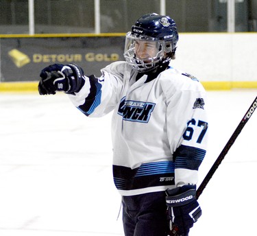 Cochrane Crunch forward Steven Klinck celebrates the second of his three goals during the second period of Sunday afternoon’s NOJHL game at the Tim Horton Event Centre in Cochrane. That goal would stand up to be the game winner, as the Crunch went on to double up the Rock 4-2 and salvage one game of the three the two teams played on the weekend. They will renew their rivalry at the McIntyre Arena on Tuesday, at 8:30 p.m. THOMAS PERRY/THE DAILY PRESS