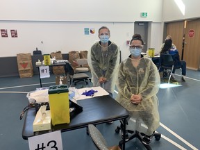 Nurse practitioner Chantal Davis (left) and registered practical nurse Pam Forest (right) helped administer COVID-19 vaccines, Sunday, at the North Bay Indigenous Hub on Brookes Street. The hub received 108 doses and all were administered. Jennifer Hamilton-McCharles