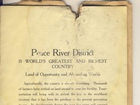 •	84.1361.002 pg03 – A page from what appears to be a 1914 promotional booklet confirms earlier opinions of some familiar with the Peace River district – the land is, indeed, fertile. A forecast in the Edmonton Journal, April 25, 1914: “The wildest dreams of its future will be shattered as the railroads [their routes explored by surveyors] enter into the country pregnant with resources, which cannot be equalled.”