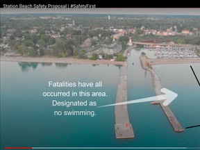 Screen grab of a video presented to Kincardine council Monday by a citizens' group which made safety recommendations to reduce the risk of drownings at Station Beach.