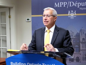 Nipissing MPP Vic Fedeli makes a funding announcement, Dec. 11, 2020. 
Nugget File Photo