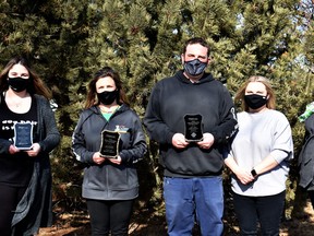 The Devon Chamber of Commerce announced the 2020 recipients of Business of the Year, Small Business of the Year, Young Entrepreneur of the Year and Employee of the Year in a virtual ceremony on Mar. 16. Chamber president Lisa Guse (far right in group photo) handed out the winners' trophies on Mar. 17.
(Emily Jansen)