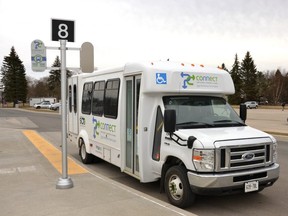 A PC Connect bus is stopped at the Stratford transit terminal on March 18, 2021. (Galen Simmons/The Beacon Herald)