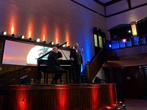 Stratford Symphony Orchestra Phantom Ball hosts Kelly Walker and Ray Harsant are seen here in Knox Presbyterian Church filming the introduction to the annual fundraiser, which will begin virtually at 7 p.m. April 1. (Submitted photo)