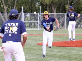 Players from the Sudbury Voyageurs 16U baseball team run through drills at Terry Fox Sports Complex in Sudbury, Ontario on Thursday, August 13, 2020.