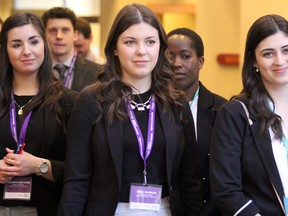Alexandra Berlingieri, Holly Reynolds and Courtney Dukes attend Algoma University's 13th annual Northern Ontario Business Case Competition at Algoma's Water Tower Inn in Sault Ste. Marie, Ont. on Thursday, April 4, 2019. (BRIAN KELLY/THE SAULT STAR/POSTMEDIA NETWORK)