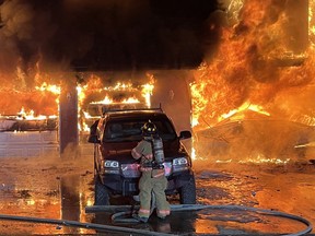 Two people were sent to hospital following a blaze early Friday morning, March 19 at 2:53 a.m. in the rural area along the Wye Road extension between Range Road 215 and 220. Photo courtesy SCES