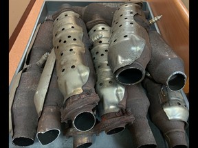 Provincial police released this image of catalytic converters seized March 18 during a traffic stop along Highway 401 in Tyendinaga Township.
