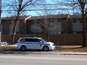 A North Bay Police Service vehicle is seen, Sunday morning, outside Lake Park Estates on Lakeshore Drive. Police were called to a residence in the 400 block of Lakeshore Drive, Saturday night, where they found one person deceased. An adult male is in custody and the investigation is being treated as a homicide. Michael Lee/The Nugget