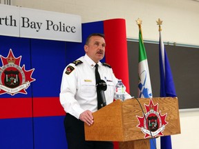 North Bay Police Chief Scott Tod addresses media, Monday afternoon, at North Bay Police Service headquarters following several serious incidents in the city, including a homicide, shooting and pair of arsons. Michael Lee/The Nugget