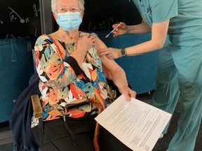 Saugeen Shores physician Dr. Amy Gowan vaccinated her 92-year-old grandmother-in-law, Muriel Gowan of Allenford, at a March 13 clinic in Port Elgin for 80-and-older patents of the Saugeen Shores Medical Clinic in Southampton. SUPPLIED