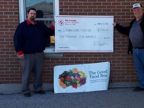 The Lucknow Kinsmen recently donated $2,500 to the Good Food Box program. Pictured (L-R): Kinsmen rep Steve Bushell and Pastor Tim Leferink at Lucknow Community Christian Reformed Church on Friday, March 12. SUBMITTED