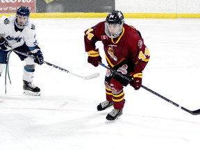 Timmins Rock forward Tyler Schwindt, seen here in action during a game against the Crunch at the Tim Horton Event Centre in Cochrane Sunday afternoon, has been named one of the NOJHL’s Eastlink TV 3 Stars of the Week for the period ending March 21. The New Hamburg, Ont., native found the back of the net six times and added four helpers during the week. THOMAS PERRY/THE DAILY PRESS