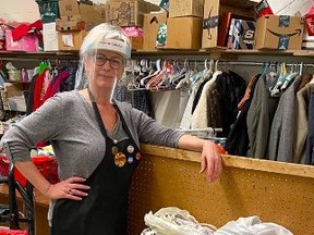 Twice but Nice store manager, Terri Ponich, pictured with the next weekly shipment of donations to Blenderz, a garment recycler based in Edmonton. Photo Supplied.