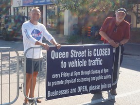 Perhaps one of the best initiatives to support businesses this summer was the Queen St. Promenade, which saw the main street closed to traffic on weekends. Saturday’s were the biggest retail days for downtown businesses. Pictured: Fraser and Rick Clarke of the Kincardine BIA set up the barricades indicating the first night of the Downtown Promenade on Friday, July 3. Hannah MacLeod/Kincardine News