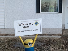 The Lion's Club minion mysteriously vanished overnight on the weekend to only appear at another residence in Portage la Prairie. (supplied by Anita Hart)