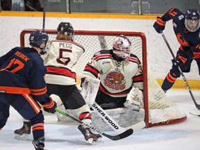 Courtesy NOJHL

Soo Thunderbirds forward Tyson Doucette (right) looks to centre the puck to Avery Rebek in front of Beavers netminder Wyatt Courchaine during action on Sunday in Blind River