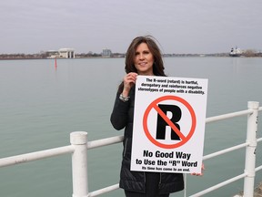 Entrepreneur and the Down Syndrome Association of Lambton County’s Helen Van Sligtenhorst carries a sign imploring community members to stop using the "‘R-Word," a term that has become more common during the pandemic, Van Sligtenhorst said.
Carl Hnatyshyn/Sarnia This Week
